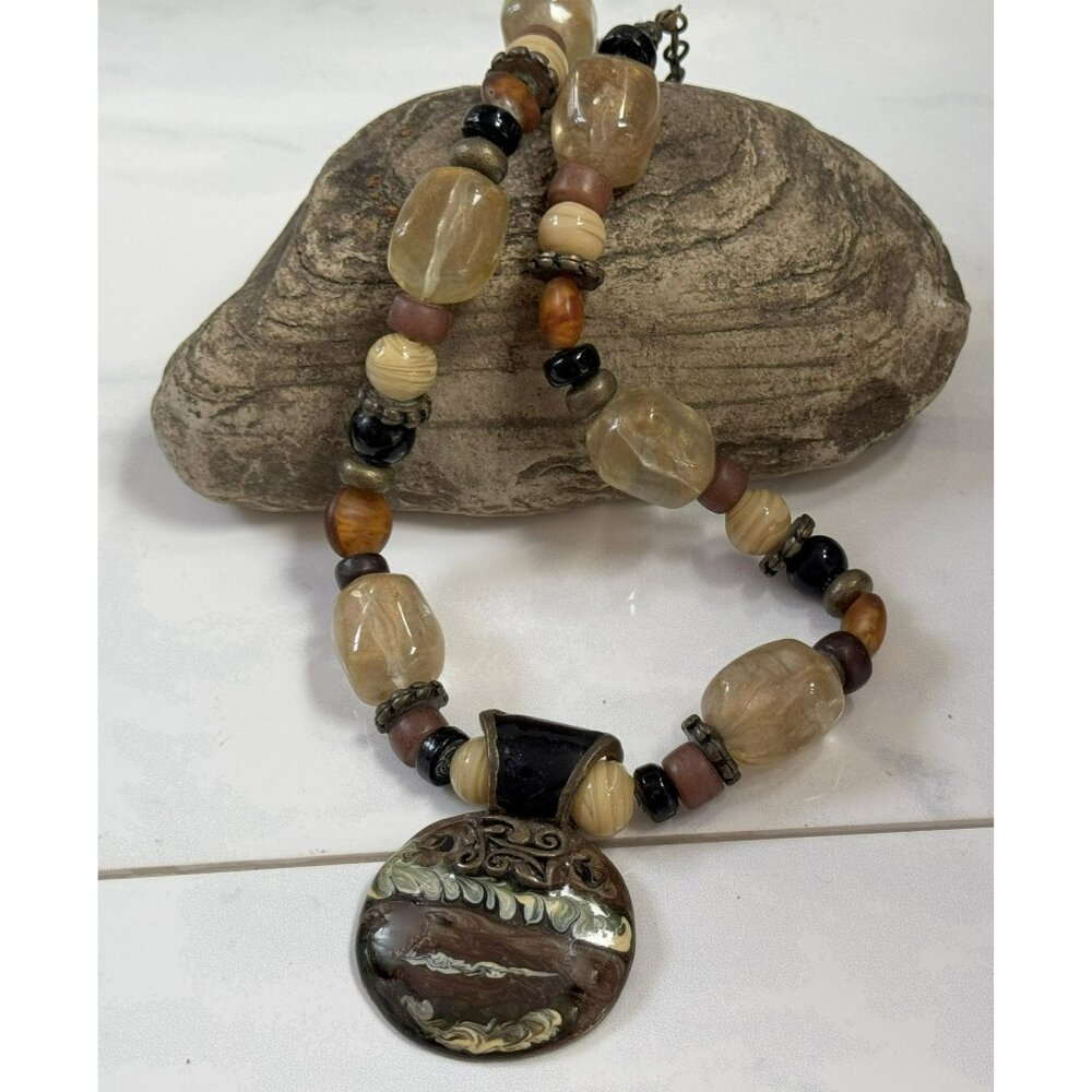 Chico’s Artsy Multicolor Earthtone Beads & Glazed Enamel Pendant Necklace Boho